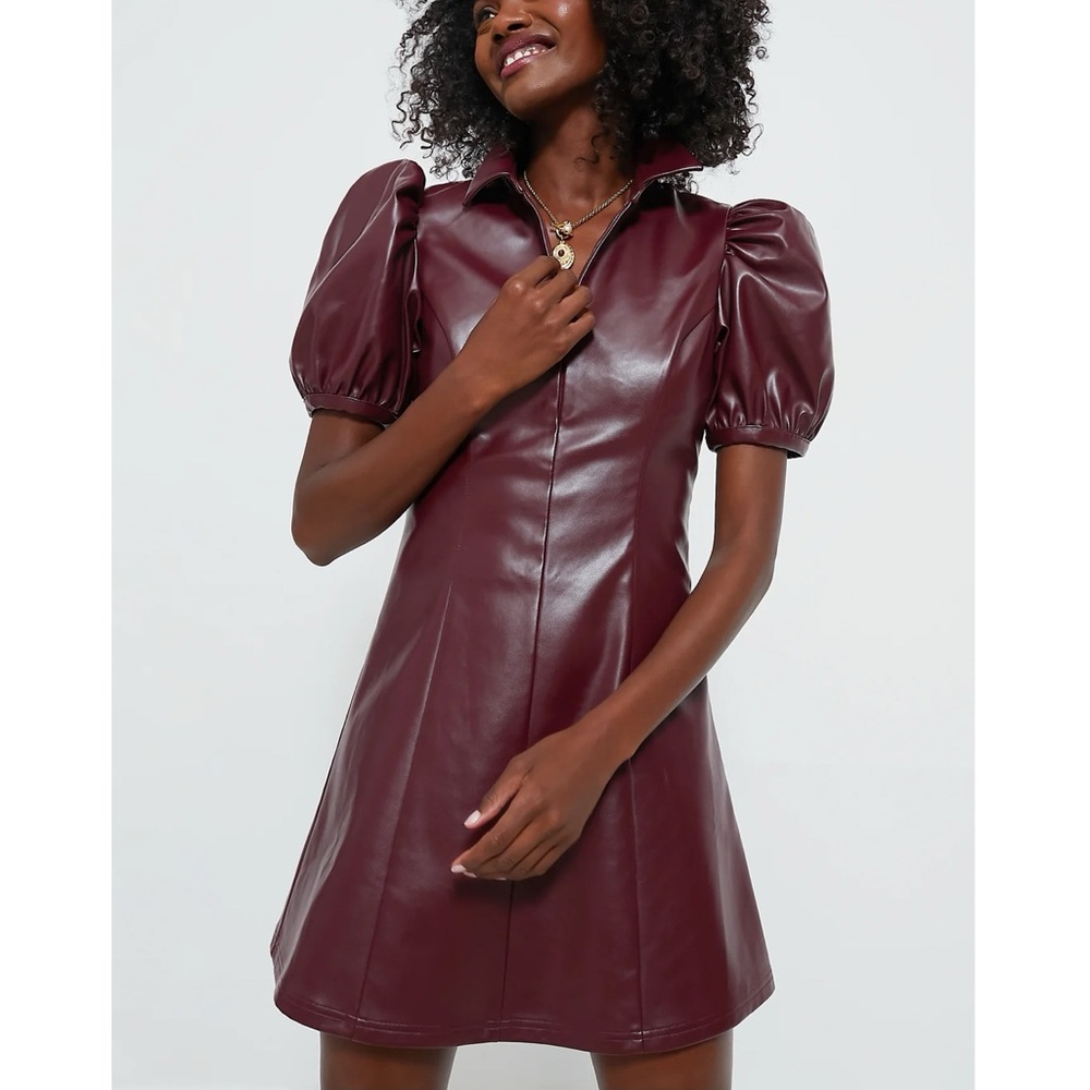 HYACINTH HOUSE Burgundy Front Zip Faux Leather Mini Dress - Picture 2 of 11